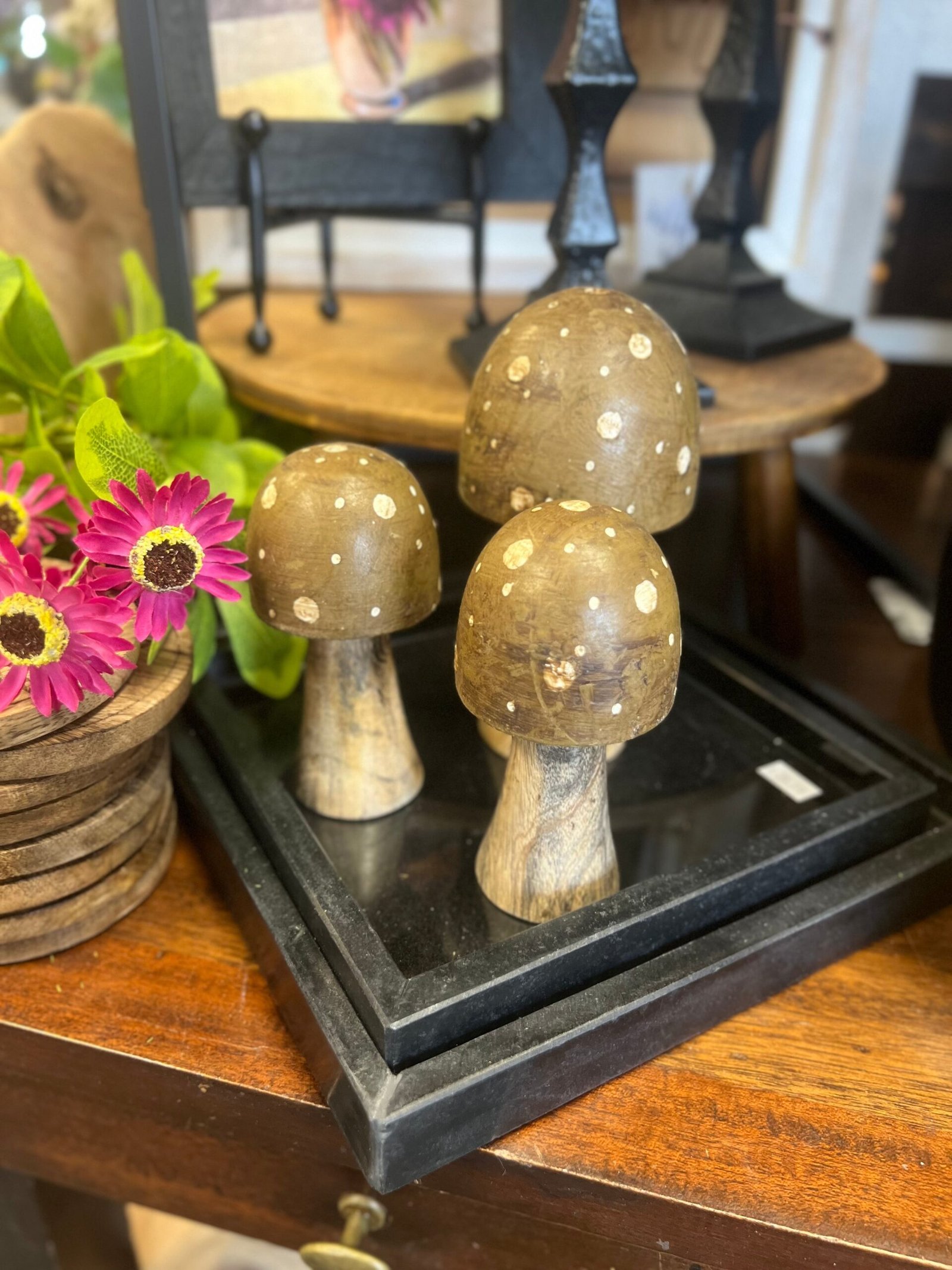 Brown Polka Dot Wooden Mushrooms, 4 sizes available - Image 2