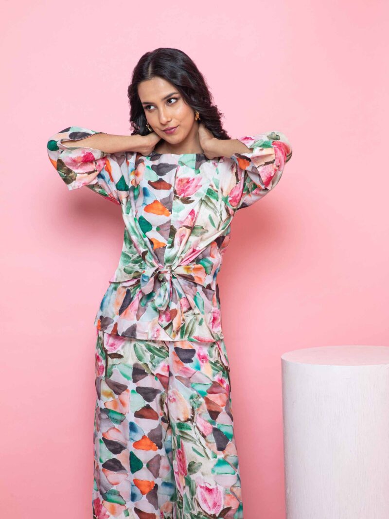 Petal Knotted Top & Wide Leg Pants Set