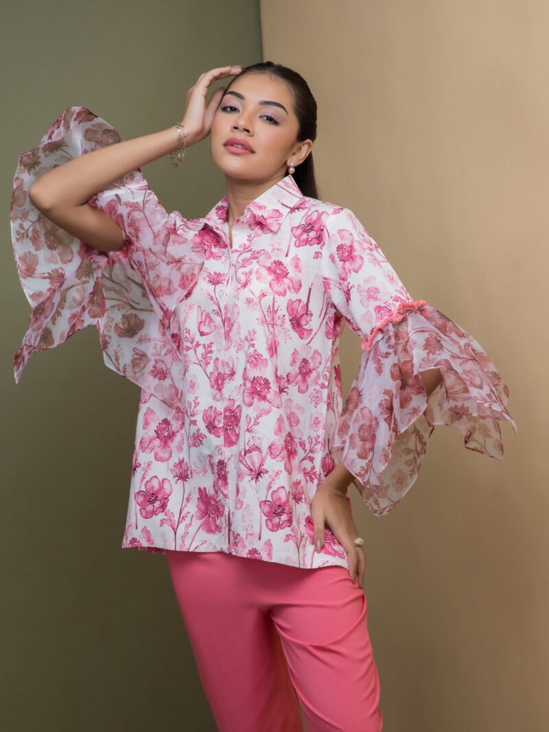 Print & Plain Set with Scarf Sleeves - Pink