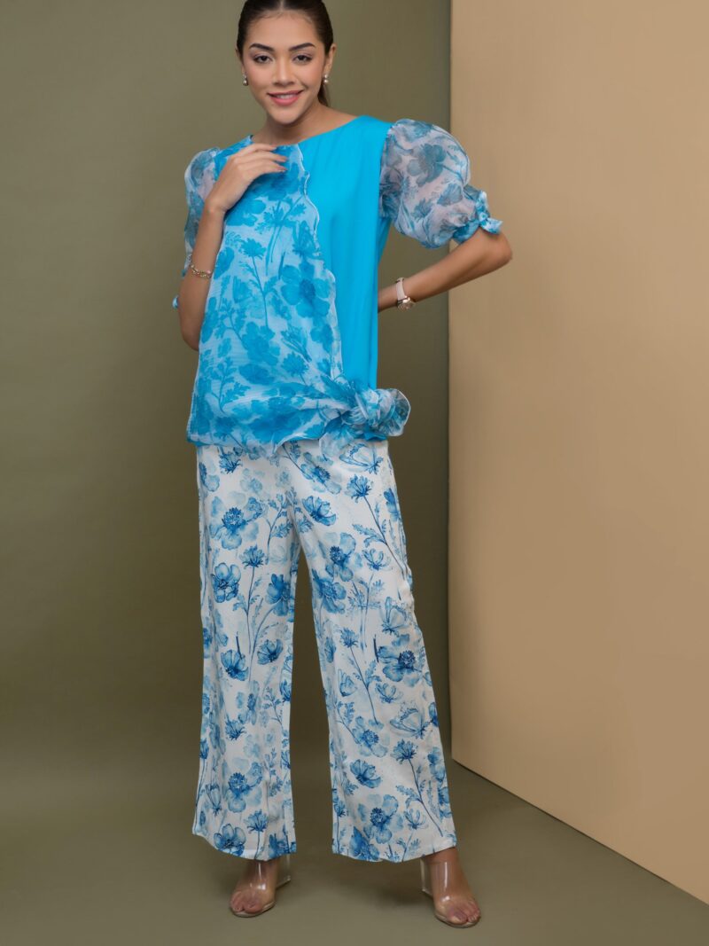 Print & Plain Set with Organza Overlay - Turquoise