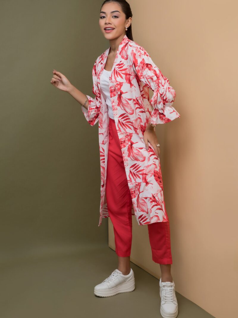 Print & Plain Long Jacket & Straight Pants Set - Coral