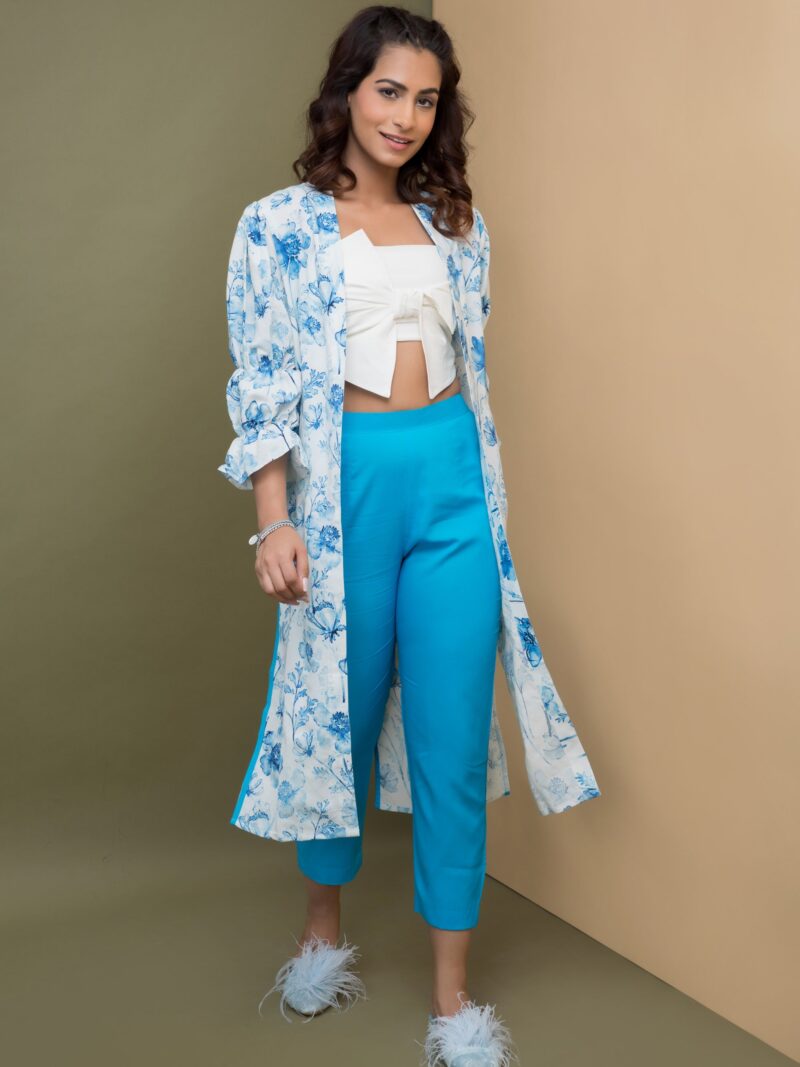 Print & Plain Long Jacket & Straight Pants Set - Turquoise