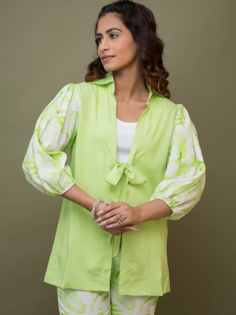 Print & Plain Long Shirt & Straight Pants Set - Lime Green
