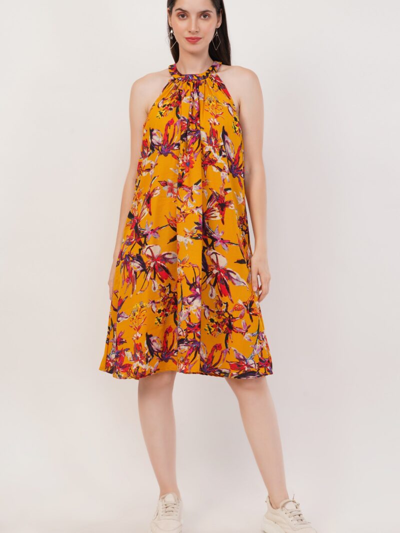 Ochre Yellow Printed Dress