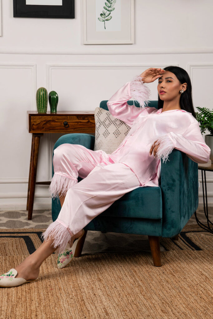 Satin with Feathers Co-Ord - Pink