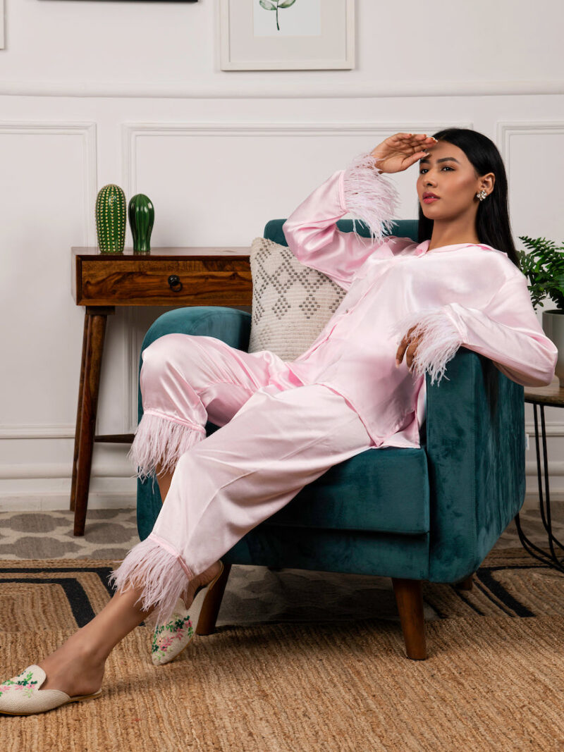 Satin with Feathers Co-Ord - Pink